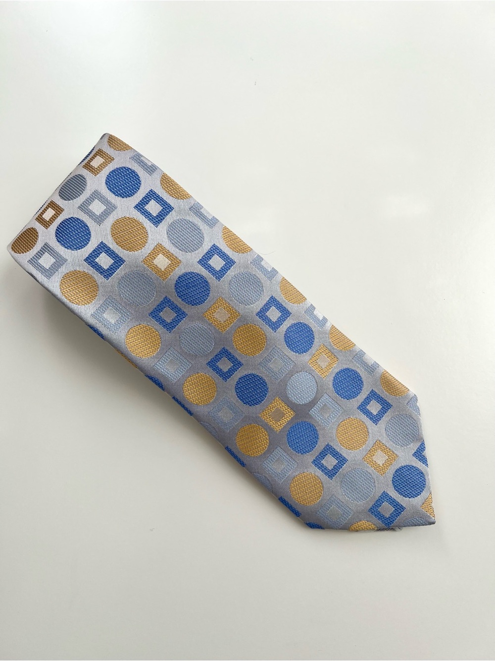 BCBG // ATTITUDE Men's 100% Silk Geometric Circle Square Tie Light Blue Gold